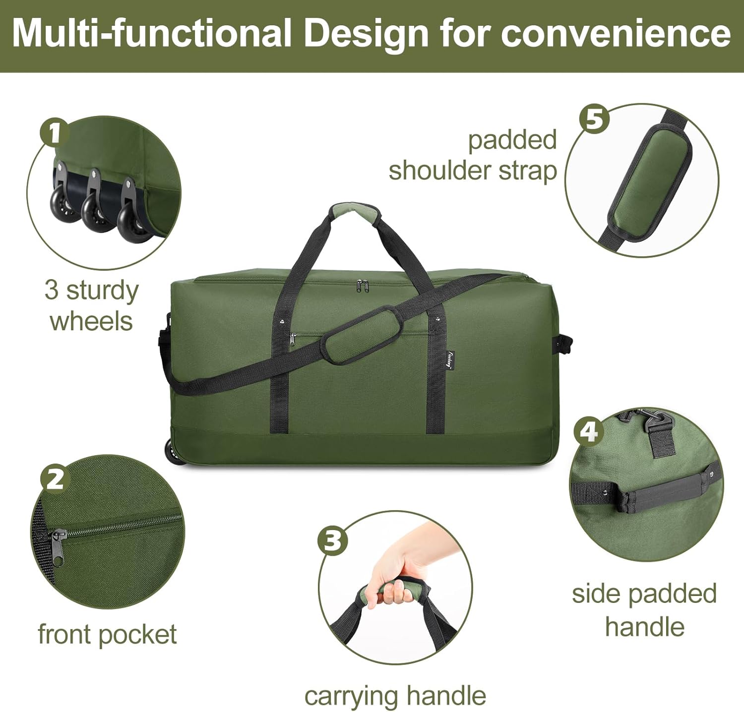 Finnhomy 120L Foldable Rolling Duffel Bag with 3 Wheels, Light Weight Travel Duffel bag with Large Loading Capacity, 32 inch Rolling Duffel bag with Shoulder Strap for Travel Camping Sports - Roamly
