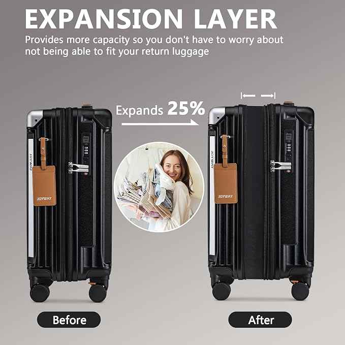Joyway 3 Piece Set Hardside Expandable Luggage with USB Charging Port and Cup Holder, TSA Lock Spinner Wheels Suitcase for International Travel, Lightweight Carry On Checked Baggage, Black