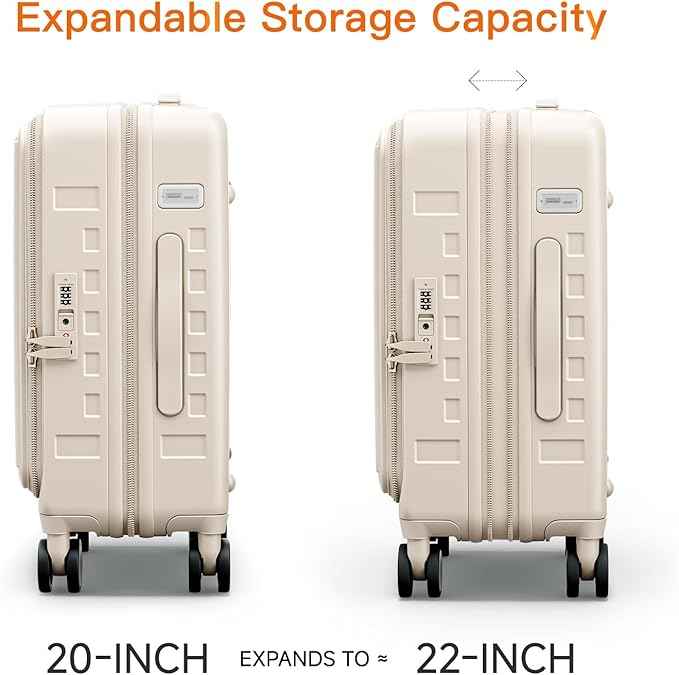 Top Opening Expandable Lightweight PC Hard Shell Suitcase, 20 Inch Carry On Luggage with TSA Lock, 360 Silent Spinner Wheels, Cup Holder, Ideal for Business Travel Suitcase (Beige)