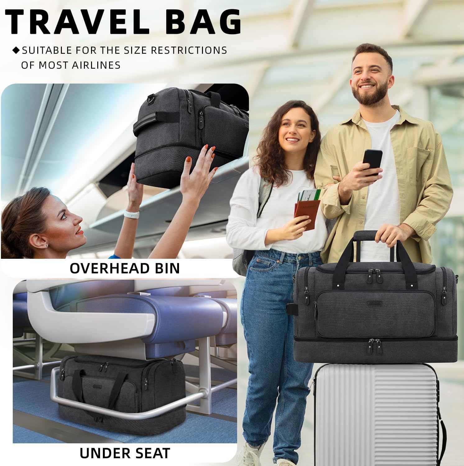 ZOMFELT Duffle Bag for travel, 40L Canvas Travel Duffel Bags for Men Women, Water Resistant Overnight Weekender Bag with Toiletry Bag & Shoe Compartment, Carry on Luggage Bag for Travel, Gym, Black - Roamly
