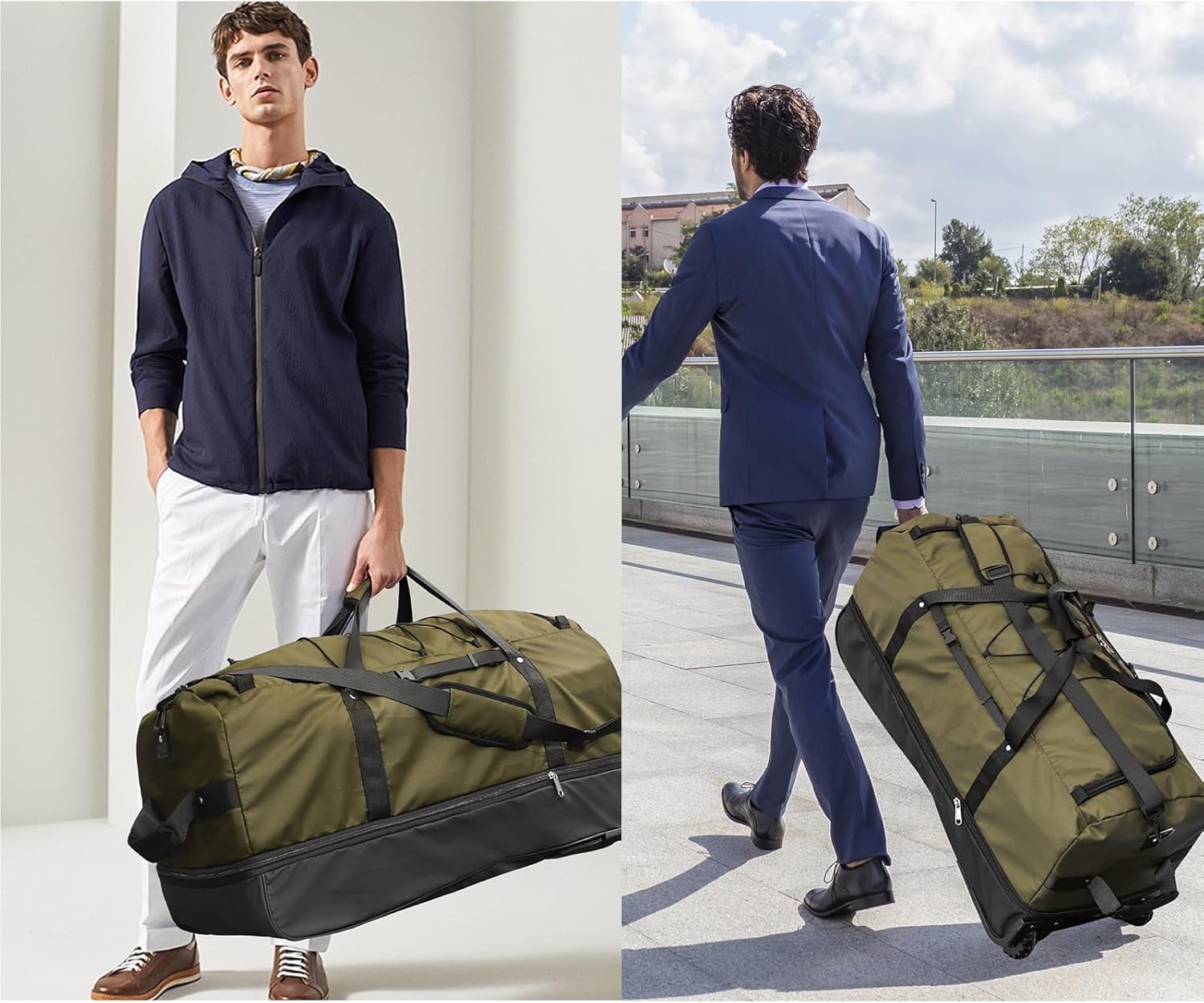 110L/140L Expandable Soft-Sided Foldable Duffle Bag with 2 Rubber Wheels,Packable 32” Rolling Carry-On with Multi-Pockets & Compartments,Army Green - Roamly