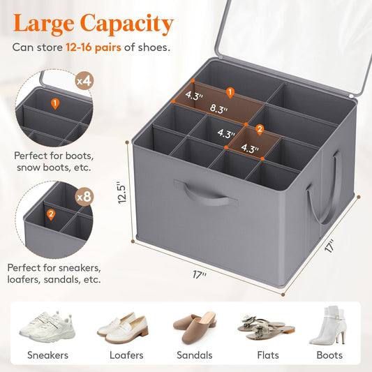 Lifewit Shoe Storage Organizer for Closet, Fits 12-16 Pairs, Large Shoe Box Storage Containers with Clear Cover and Reinforced Handles, Foldable Storage Bins Fit for Boots Heels Sneakers, 1 Pack Gray