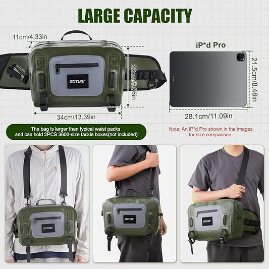 Goture Waterproof Fishing Waist Pack, IPX8 840D TPU Large Tackle Bag with Rod Holder, Airtight Zipper Closure, Fly Fishing Bag with Adjustable Waist Strap, Sling Fanny Pack with 30pcs Flies, Fly Box