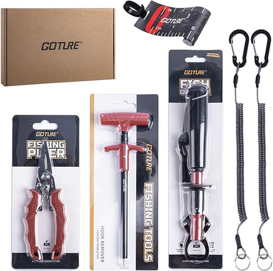Goture Fishing Tool Kit,Fishing Pliers,Fillet Knife with Sheath,Fish Lip Gripper,Fish Hook Remover,Lanyard,Line Scissors,Sharpener,Stainless Steel Soap,Saltwater Gear Kit,Red/Pink,Gifts for Men/Women