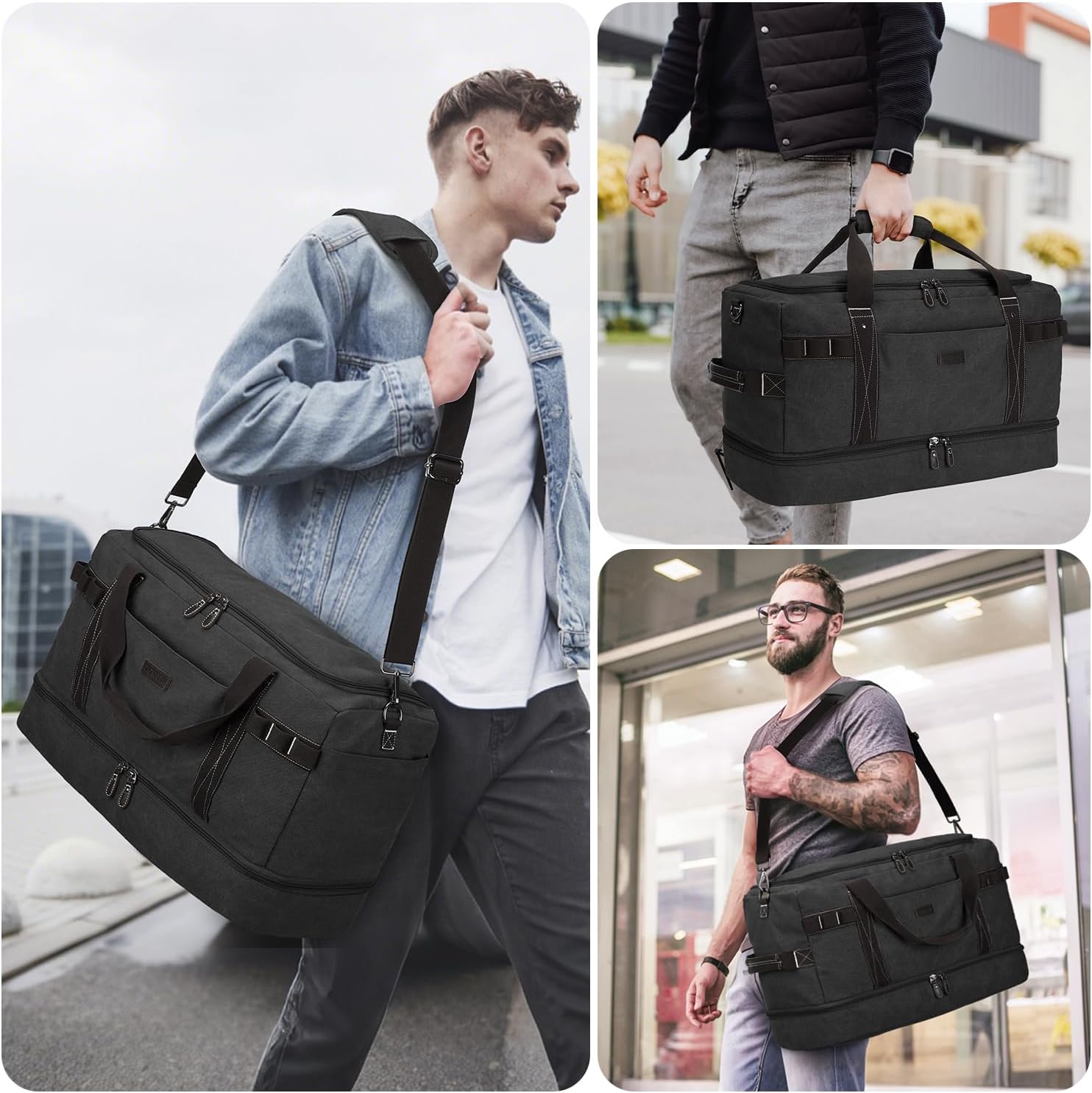 ZOMFELT Travel Duffle Bag for Men, Waterproof Canvas Overnight Duffel Bag with Removable Dividers & Shoe Compartment, Carry On Weekender Gym bag, Multi-Pocket & Vintage Design (Washed Black) - Roamly