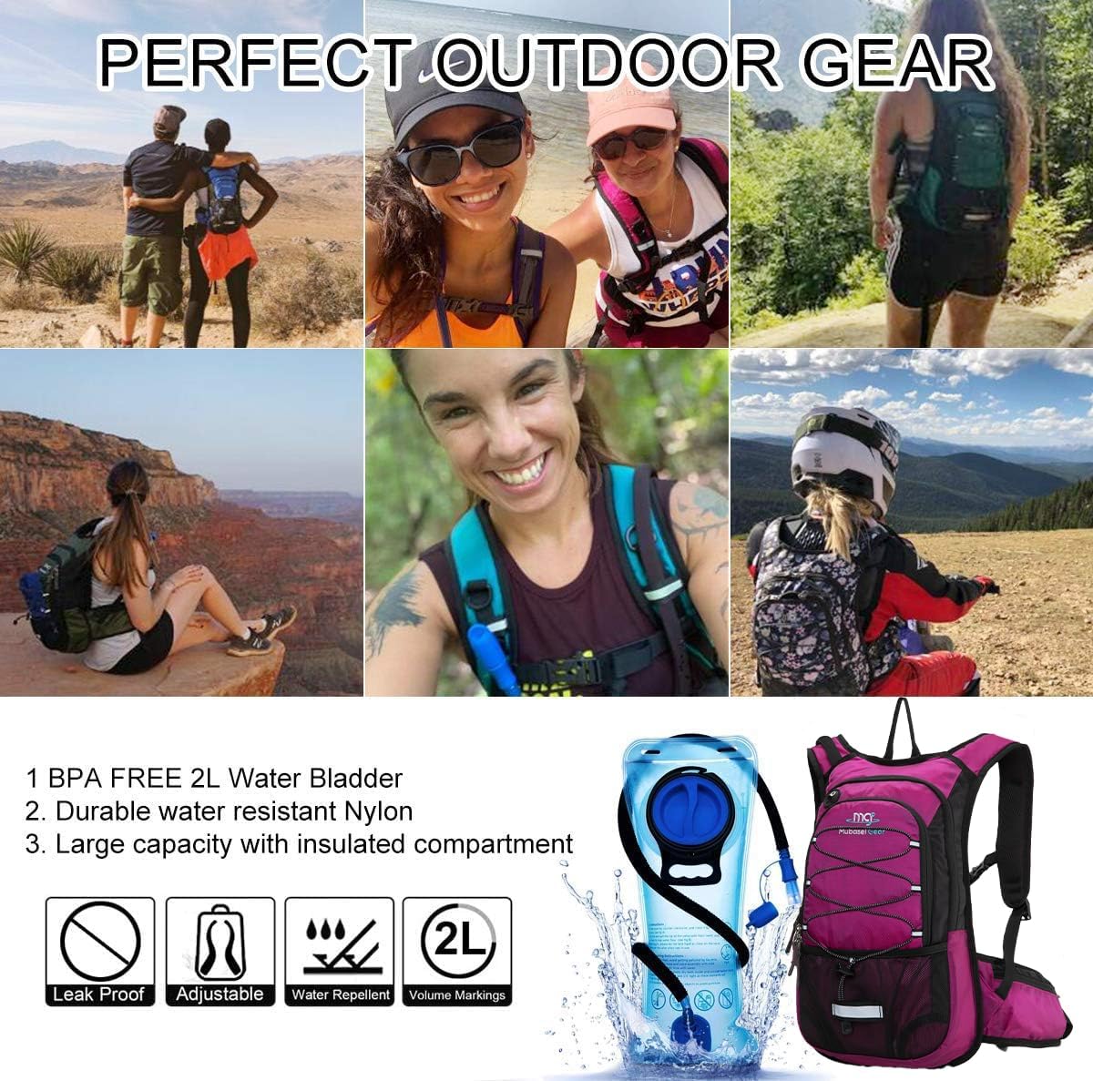 15L Insulated Hydration Backpack Pack with 2L Water Bladder Lightweight Hiking Backpack Bag for Women Men Daypack for Hiking Running Festival Camping Biking - Roamly