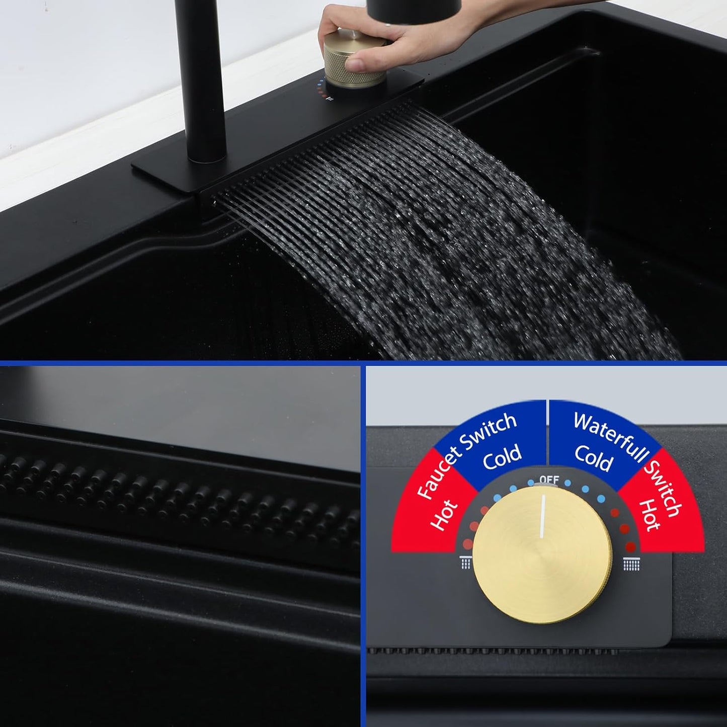 Dcolora Waterfall Smart Kitchen Sink 33x22 Drop In Single Bowl Multifunctional Kitchen Sinks With Faucet And Cup Washer,33 Inch Granite Composite (Black) DC-SFDOE00002