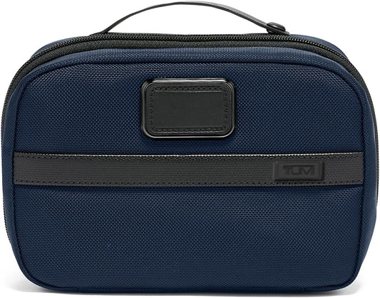 TUMI - Alpha Split Travel Kit - Compact Toiletry Bag for Men & Women - Features Removable Leather Handle & 3 Zip Pockets - Navy - Roamly