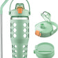 MUKOKO 32 oz Glass Tumbler with Straw,Glass Water Bottles with Time Marker,Iced Coffee Cup with 2 Lids-Handle Spout Lid&Straw Lid,Silicone Sleeve,Leakproof,1 Pack-Green