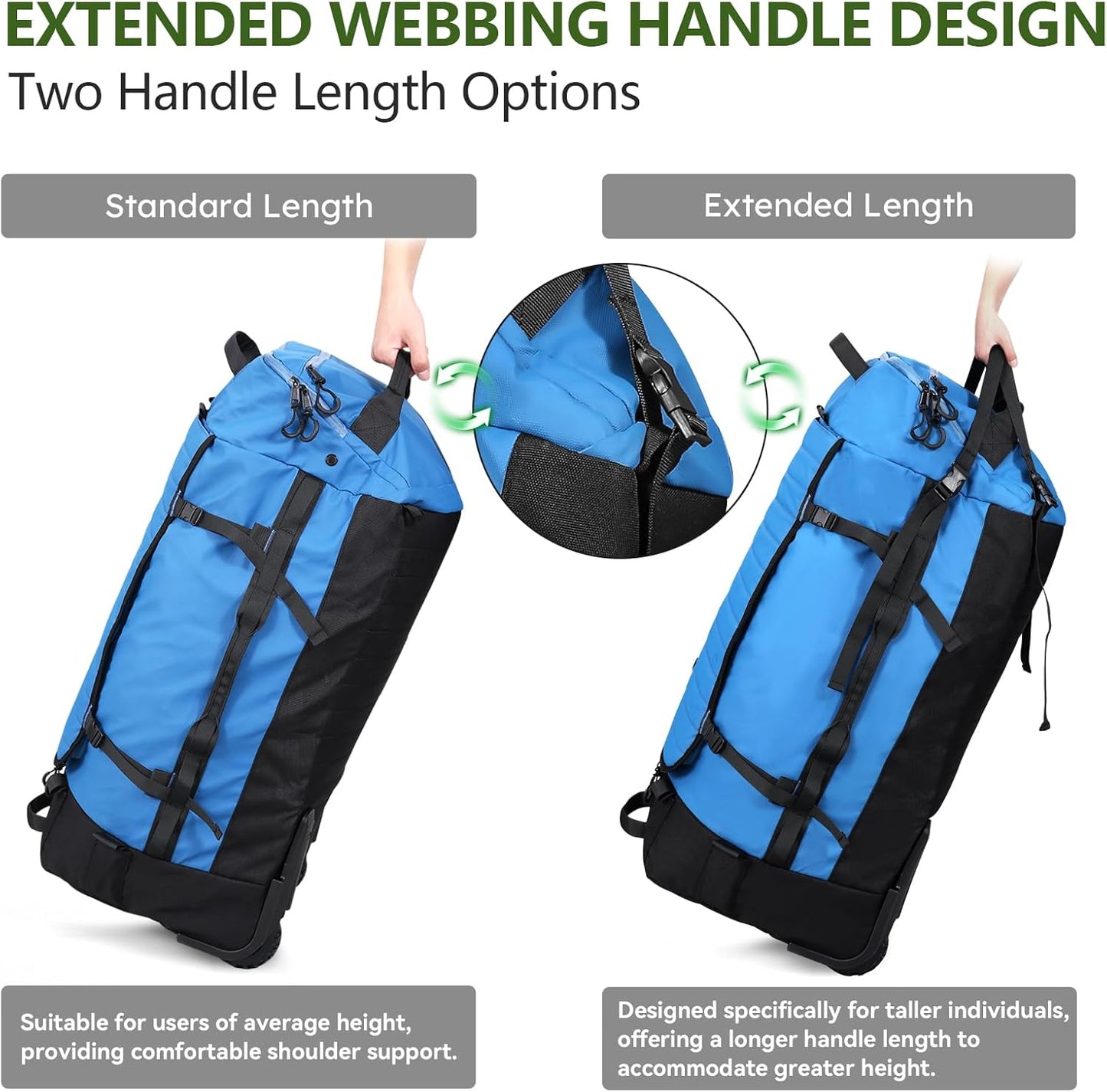 Vomgomfom 86L Collapsible Wheeled Luggage With Removable Backpack Straps,Waterproof Rolling Duffle Bag with Quilted Base,No Telescope Handle,Blue - Roamly