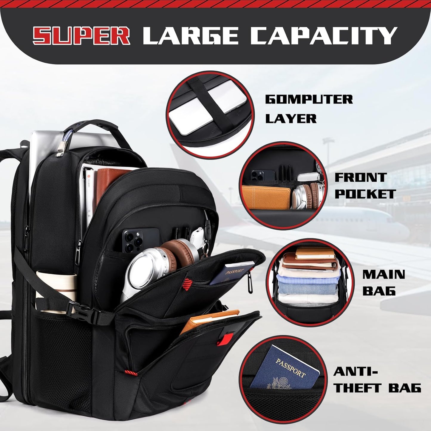 50L Travel Backpack, 17 inch Laptop Backpack for Men, Extra Large Sturdy TSA Friendly with USB Port College School Rucksack Bag Gifts for Him Men Women, Black - Roamly