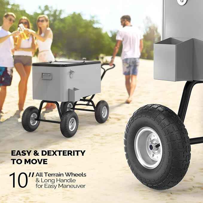 VINGLI 80 Quart Wagon Rolling Cooler Ice Chest, w/Long Handle and 10" Wheels, Portable Beach Patio Party Bar Cold Drink Beverage, Outdoor Park Cart on Wheels