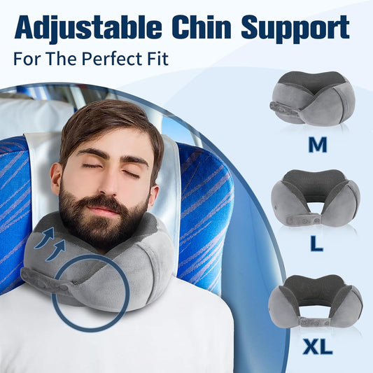 Neck Pillow for Traveling, Travel Pillows for Airplanes,100% Pure Memory Foam Travel Neck Pillow, Adjustable Flight Pillow, Portable Plane Accessories with Eye Mask, Earplugs, Carry Bag