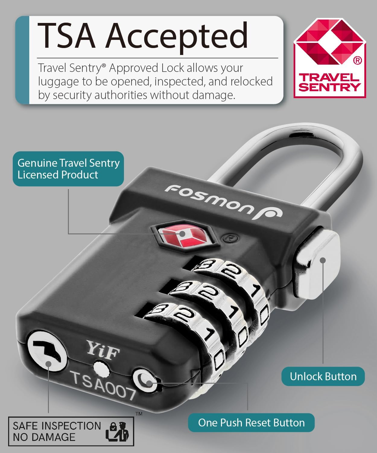 Fosmon TSA Approved Pink Locks for Luggage, Cute Suitcase Lock with Push Release Button for Extra Security, 3 Digit Combination Padlock for Travel, Backpack Zipper Anti Theft, Gym Locker, Women