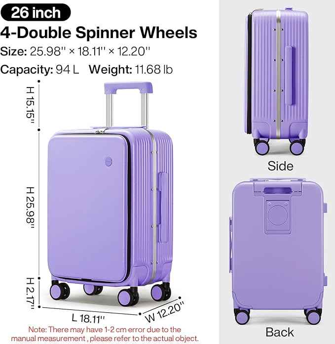 mixi Large Checked Luggage with Cup Phone Holder and Charger Hard Shell Suitcases with Spinner Wheels, 26 Inch Lilac Purple