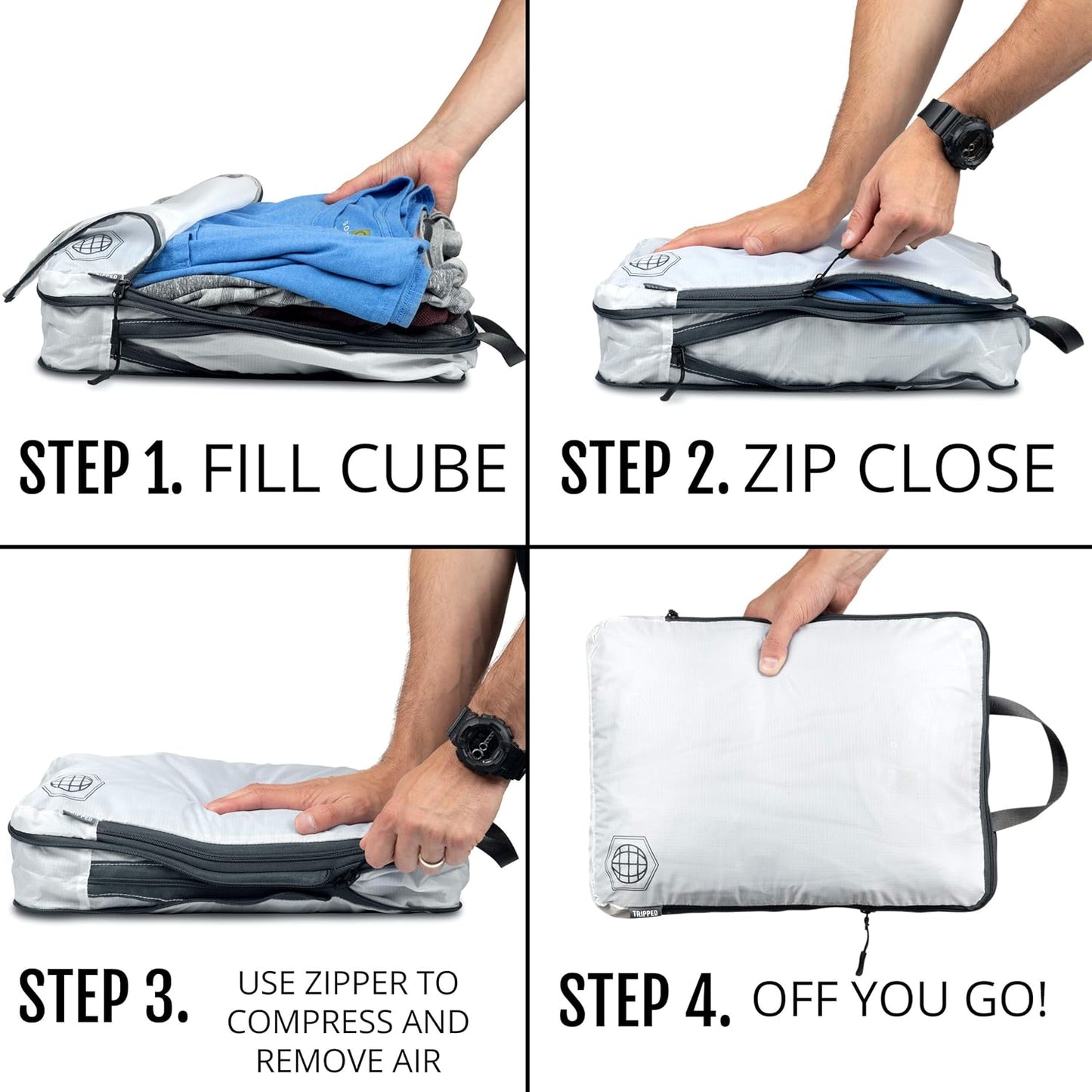 Large Compression Packing Cubes 6 Piece Set for Travel with Lightweight Laundry Bag for Carry-On Suitcase by TRIPPED Travel Gear (White) - Roamly
