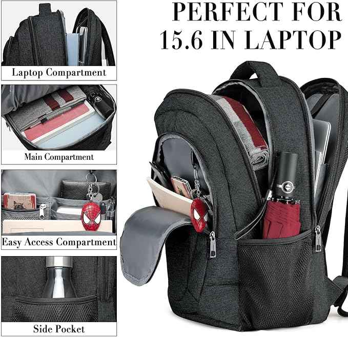 BIKROD Travel Laptop Backpack for Men and Women, Backpacks for School Teen Boys, Business Anti Theft Slim Sturdy Back Pack Adult Computer Bag Gift 15.6 IN Laptop, Black