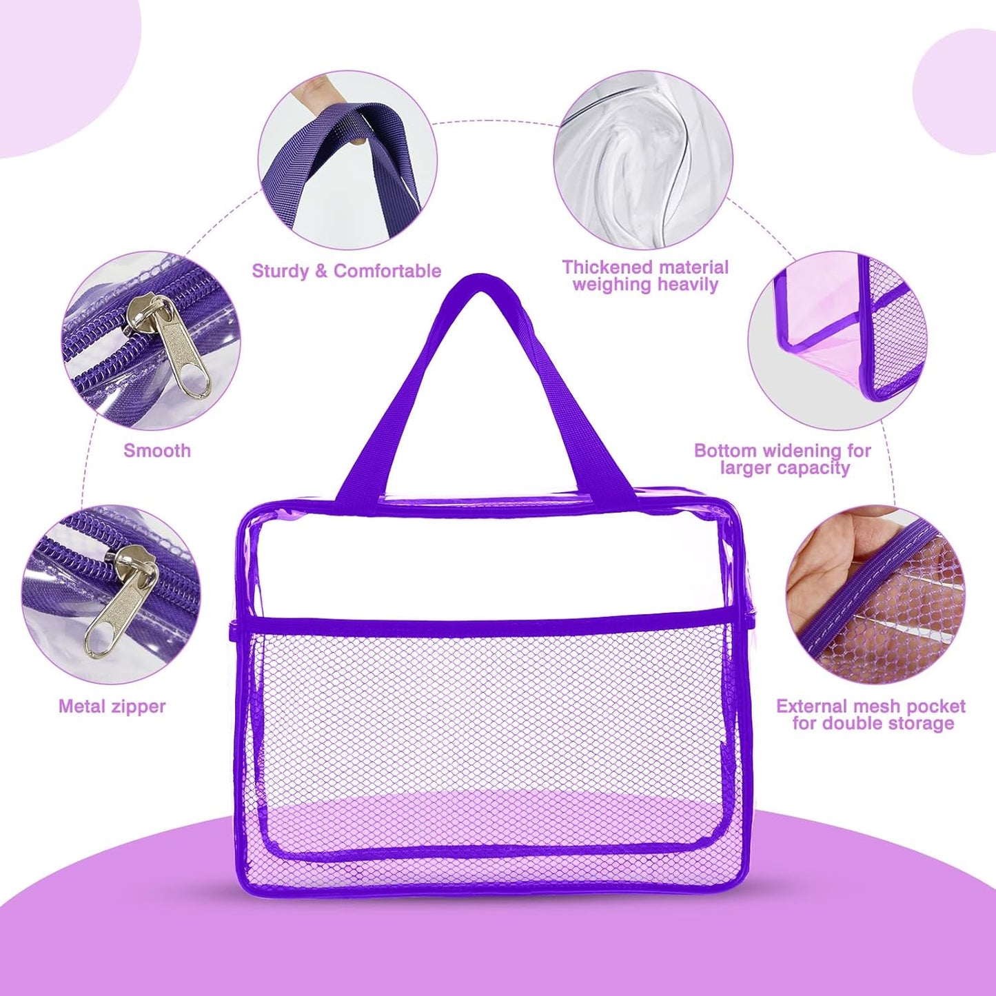 XEWEA Clear Travel Toiletry Bags, 3 Pack TSA Approved Transparent Makeup Bag for Men Women, Large Waterproof PVC Quart Organizer with Zipper for Toiletries Airline Essential,Toy Storage Pouch Purple - Roamly