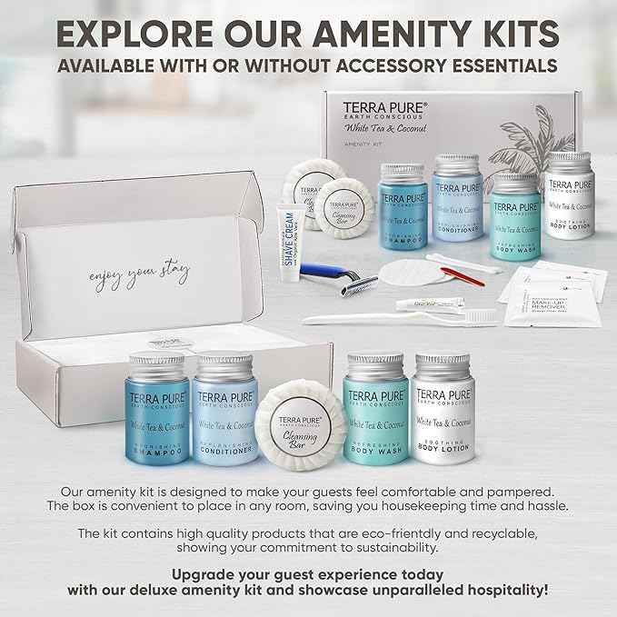 Terra Pure White Tea & Coconut Amenity & Accessory Kit |1oz Travel Size Shampoo, Conditioner, Lotion, Body Wash, 2 Cleansing Bars, Shave & Dental Sets, Make-Up Remover Wipes, & Vanity Kit | 60 Boxes