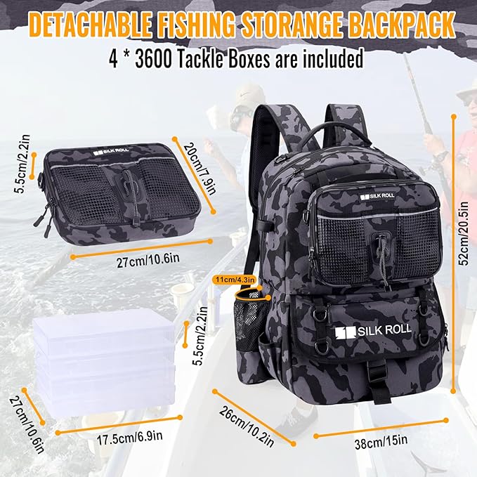 50L Fishing Tackle Backpack with Rod Holder and 4 Included 3600 Tackle Boxes - Waterproof Fishing Backpack for Ultimate Gear Organization and Storage (Gray Camo)