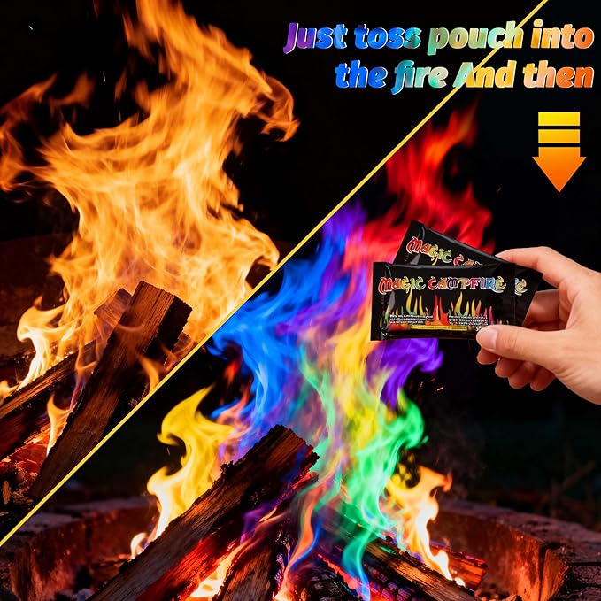 Magic Fire Color Changing Packets (20 Pack) for Fire Pits, Campfire, Bonfire & Outdoor Fireplace, Long Lasting, Vibrant, Non-Toxic Colored Rainbow Flames Camping Essentials & Accessories