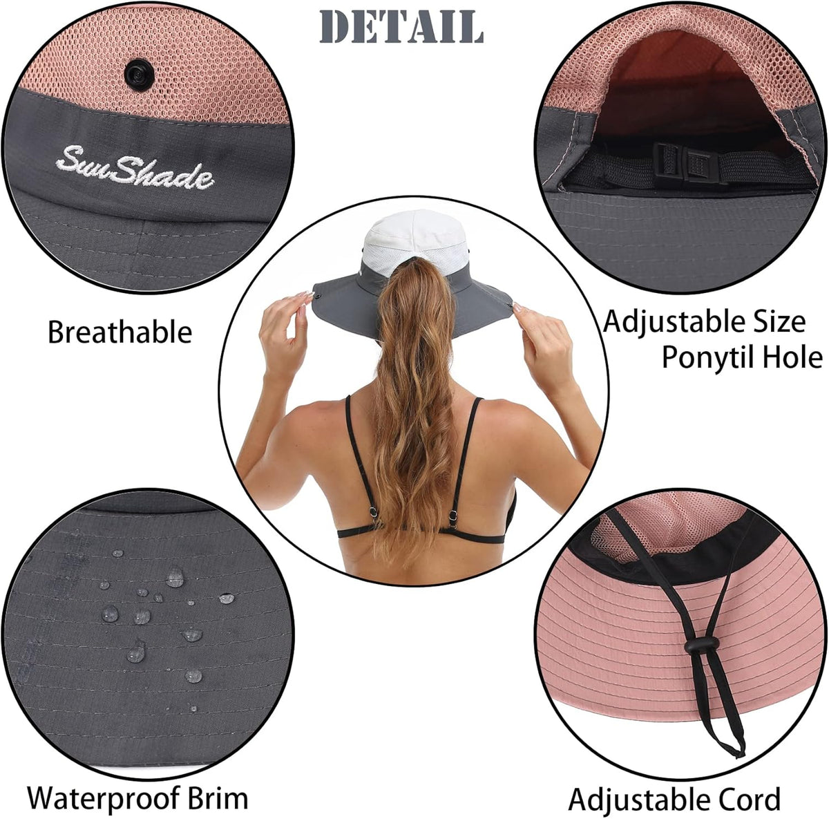 Womens Summer Sun Hat Beach Hat Wide Brim Outdoor UV Protection Hat Foldable Cool Mesh Ponytail Bucket Hat