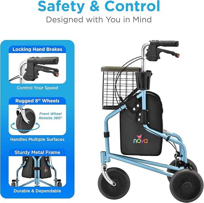 NOVA Traveler Folding 3-Wheel Walker with Tray, Basket, Pouch & Cup Holder, Lightweight Mobility Aid for Seniors & Adults, 8” All-Terrain Wheels for Tight Spaces & Travel, Sky Blue