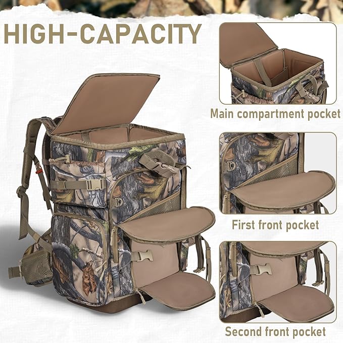 Hunting Backpack with Waterproof Rain Cover, Self Standing Hard Bottom, 50L Camo Hunting Day Pack for Bow Rifle Gun