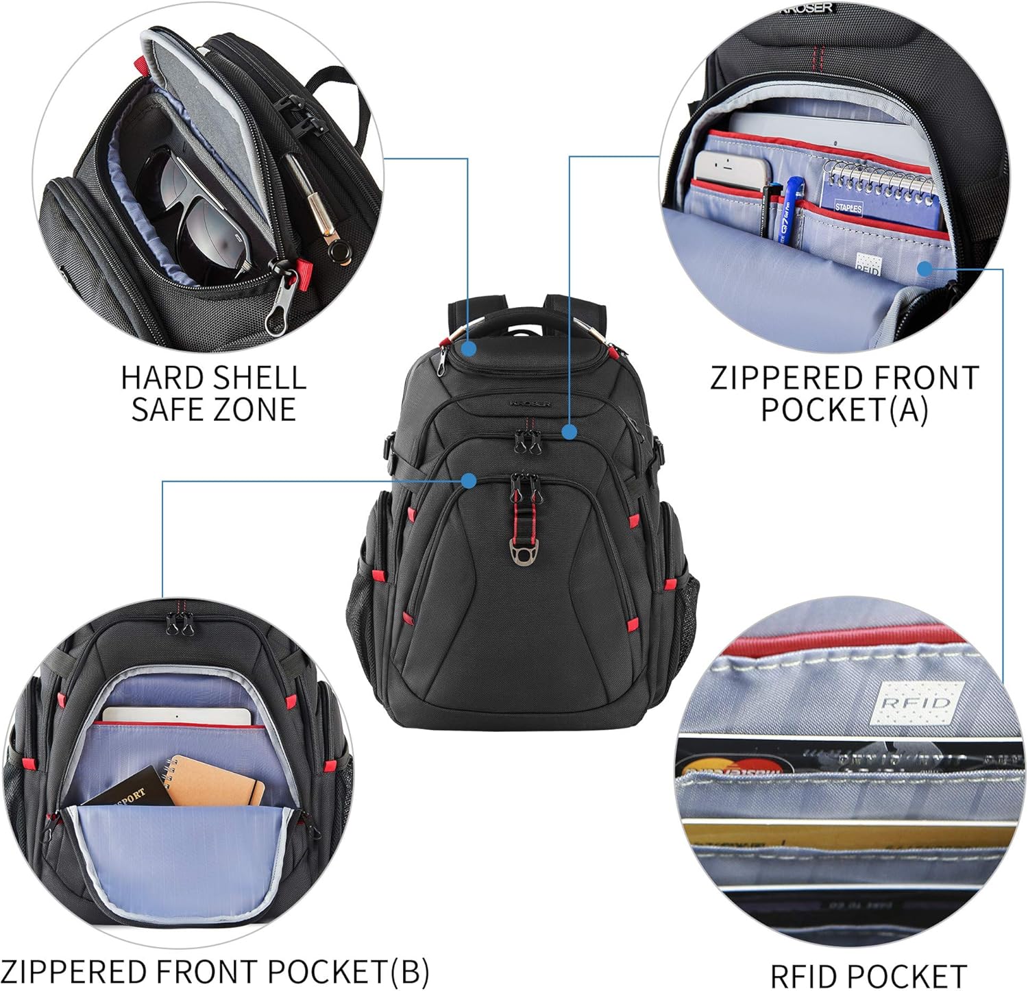 KROSER Travel Laptop Backpack 17.3 Inch XL Computer Backpack with Hard Shell Saferoom RFID Pockets Water-Repellent Business College Daypack Stylish Bag for Men/Women-Black - Roamly