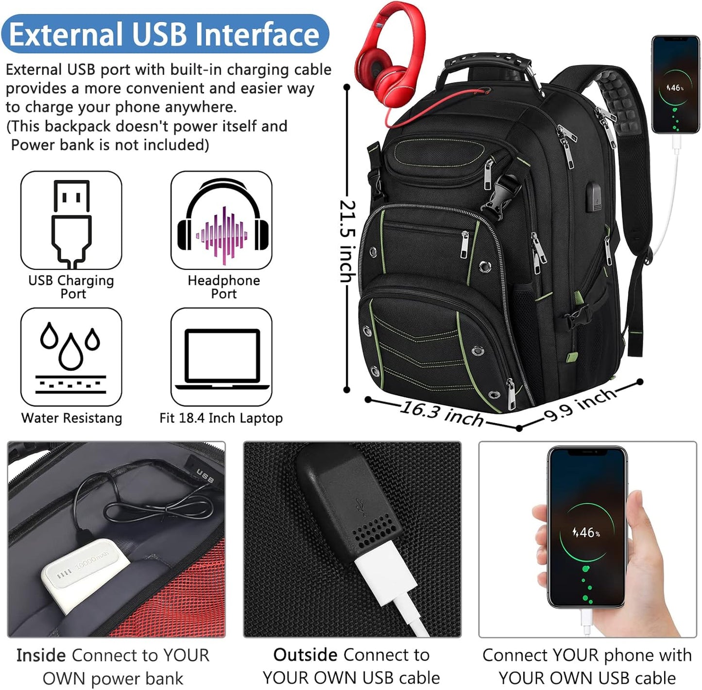 VECKUSON 18.4 Inch Laptop Backpack for Men and Women, 55L Extra Large Gaming Laptops Backpack with USB Charger Port, TSA Friendly Flight Approved and RFID Anti-Theft Pocket - Roamly