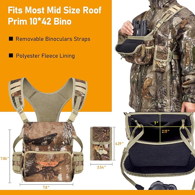 NEW VIEW Binocular Harness Chest Pack, Bino Case with Rangefinder Pouch and Rain Cover, Silent Chest Rig with 8 Pockets for Hunting, Hiking, Bird Watching