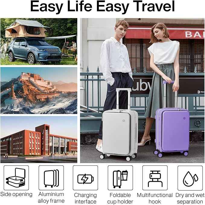 mixi Large Checked Luggage with Cup Phone Holder and Charger Hard Shell Suitcases with Spinner Wheels, 26 Inch Lilac Purple