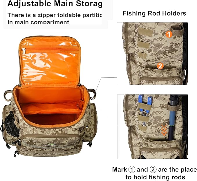 N NEVO RHINO Fishing Tackle Backpack with Rod Holders, 40L Large Fishing Bag with Waterproof Rain Cover,Outdoor Tackle Bag