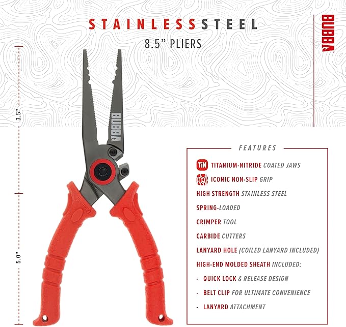 BUBBA 8.5" Stainless Steel Pliers with Non-Slip Handle, Spring Loaded with Crimping Tools and Anvil Cutters Lanyard Hole and Sheath