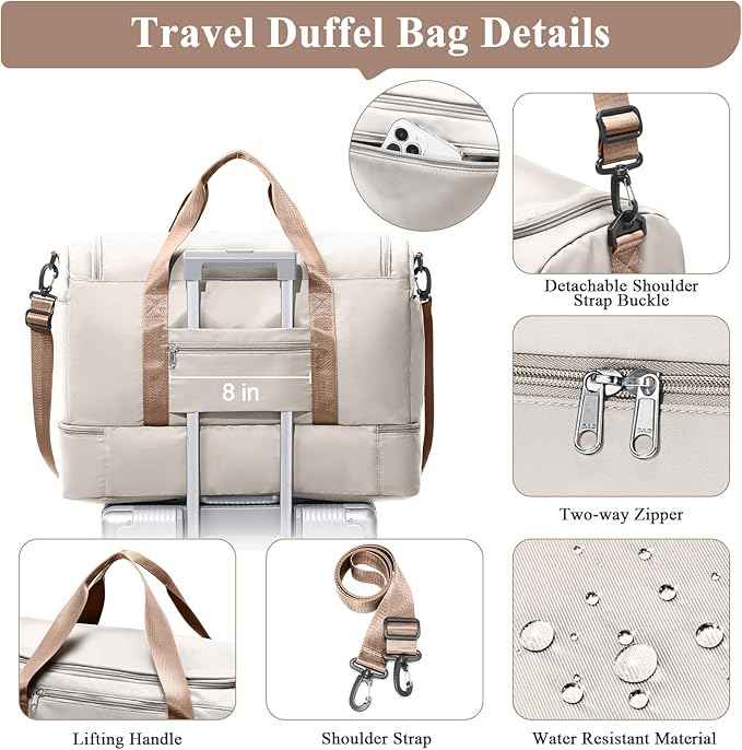 Travel Duffel Bag for Women, Carry-on Overnight Weekender Bags with Wet Pocket & Toiletry Bag, For Spirit Airlines 18x14x8 Personal Item Bag,Small,Beige & Brown