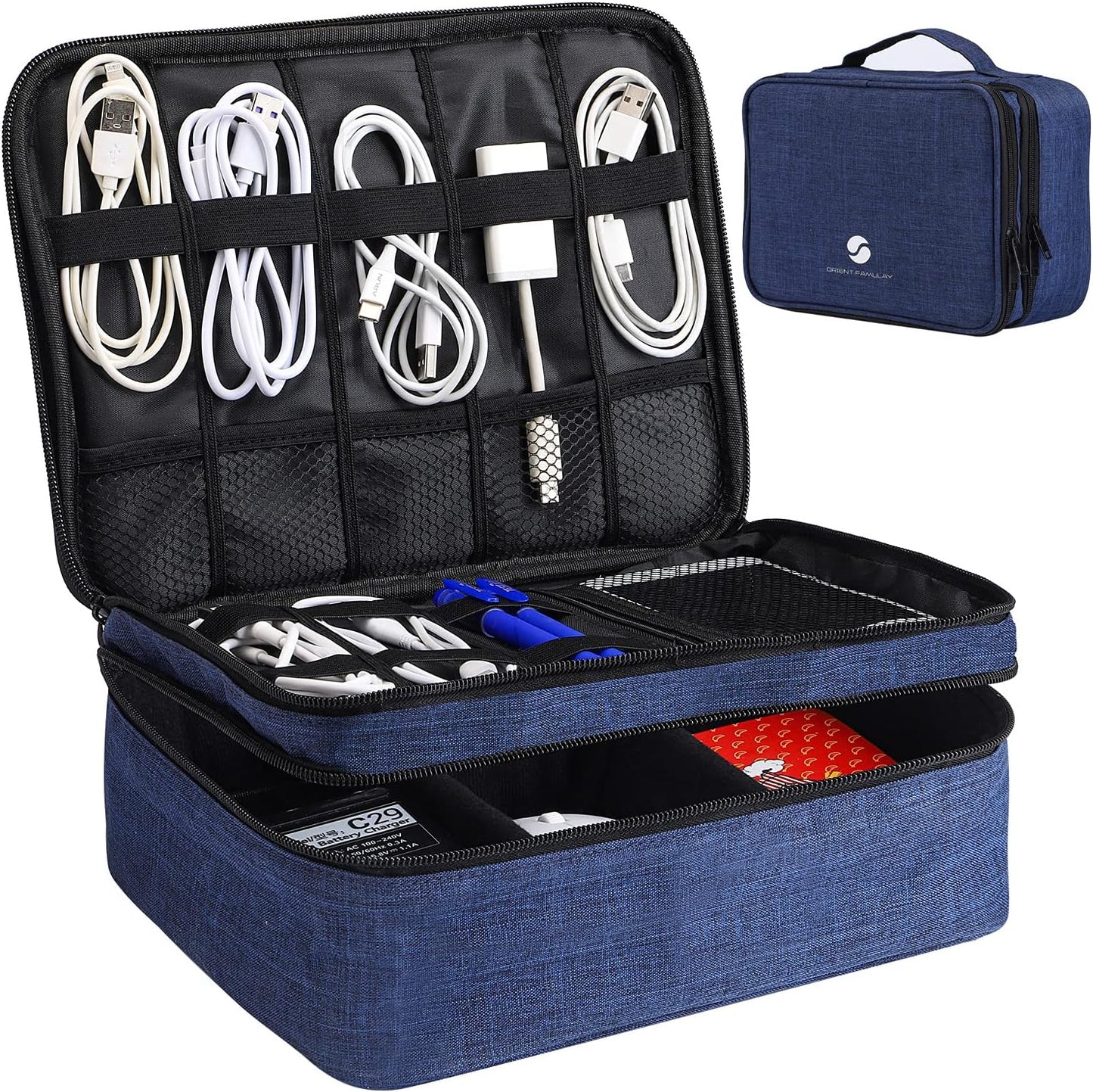 ORIENT FAMULAY Travel Electronics Organizer, Waterproof Cable Organizer Bag for Electronic Accessories Double Layer Large Shockproof Cable Storage Bag for Cord, Power Bank, Tablet(Up to iPad 11 inch) - Royal Blue