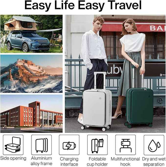 mixi Carry On Luggage with Cup Phone Holder and Charger Hard Shell Suitcases with Spinner Wheels,20 Inch Blackish Green