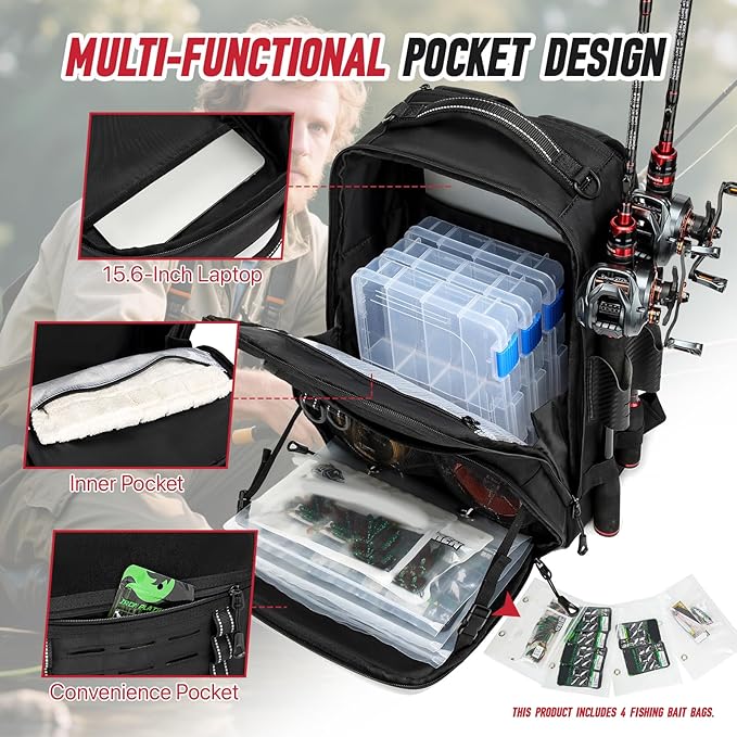 Fishing Tackle Backpack,Tackle Bags with 2 Rod Holders,Water-Resistant Tackle Bag Storage Bag for Fishing Gear(Black,4 Tackle Boxes)