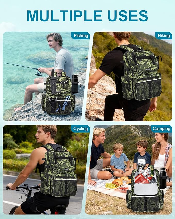 HXLGMD Fishing Backpack with Rod Holders, 43L Large Water Resistant Tackle Bag Storage Gear and Equipment with Cooler for Men Fishing, Camping, Hiking, Green