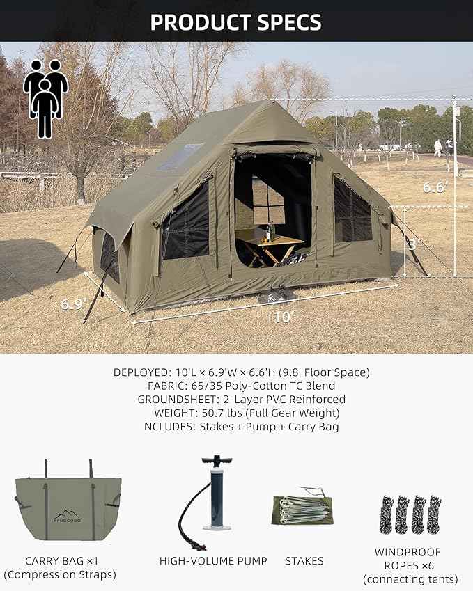 Cotton Inflatable Camping Tent, 2-4 Person, Windproof Glamping Design with Skylight, Instant Setup (2~4person(10.2'L X 8'W X 7'H)-Green)