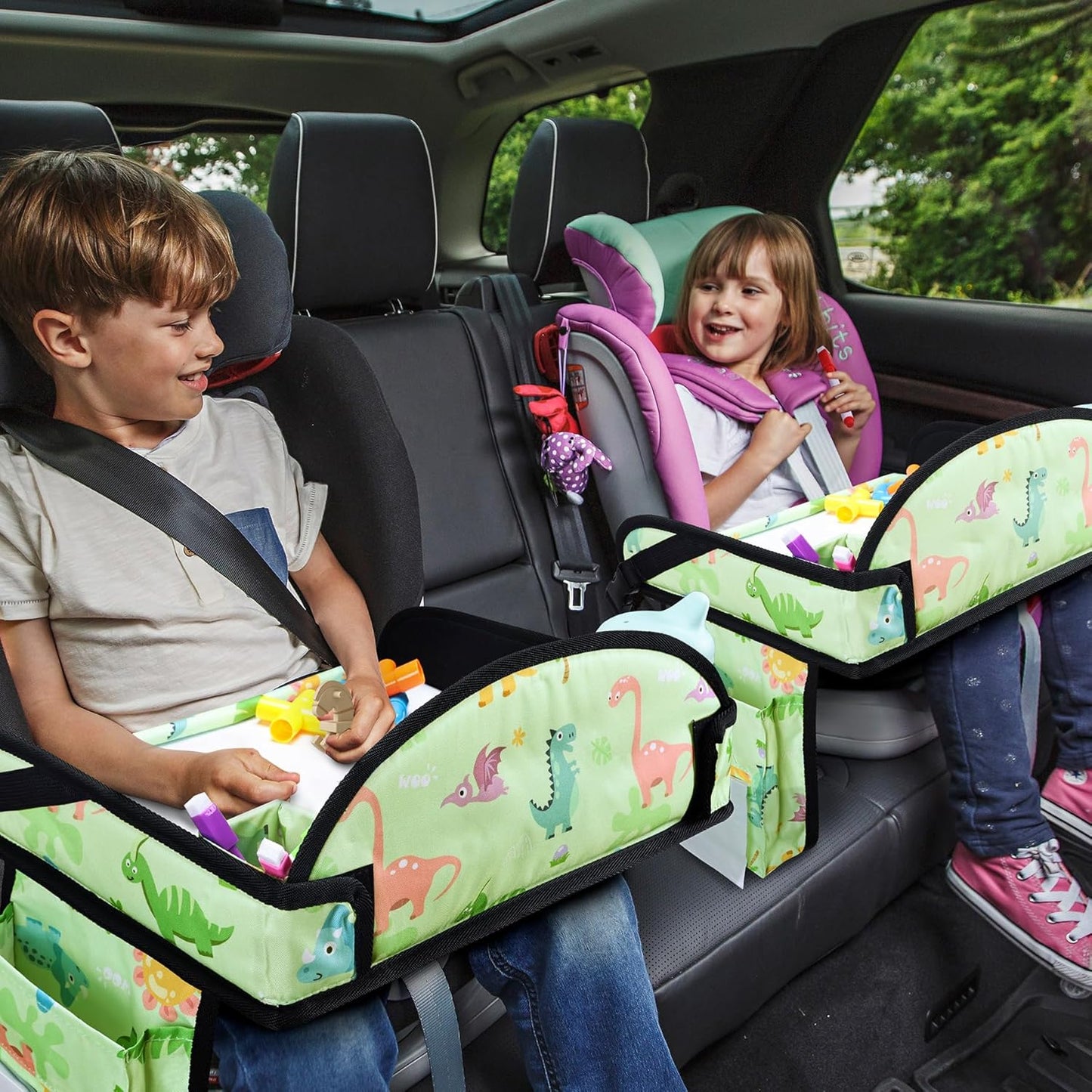 Kids Travel Tray, Travel Tray for Kids Car Seat, Toddler Car Seat Lap Tray, Carseat Tray for Kids Travel, Carseat Table Tray for Kids Travel Activities (Green)