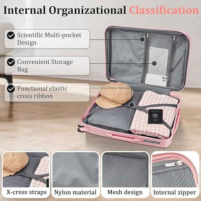 4 Piece Expandable Hardshell Pink Luggage Sets with Spinner Wheels, Lightweight Travel Suitcase Set with TSA Locks, 20 inch Carry On for Women (Pink, 4 Piece Set)