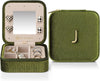 Vlando Plush Velvet Travel Jewelry Case, Personalized Initial Jewelry Boxes for Women Girls, Mini Jewelry Travel Organizer Travel Essentials for Birthday Gifts - Letter J, Green