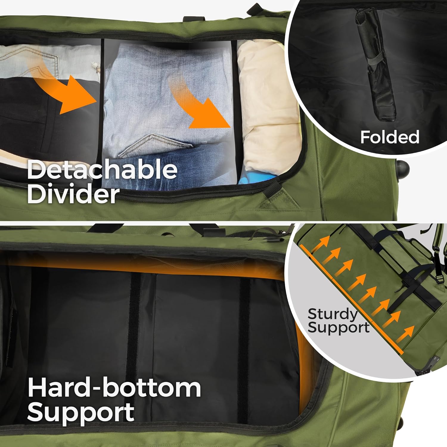 110L/120L Rolling Duffel Bag with Wheels - 28" No-Sag Design for Heavy Loads, Waterproof Travel Duffel w/Shoulder Straps and Dividers, Foldable Lightweight Design for Camping/Cargo/Air Travel - Roamly