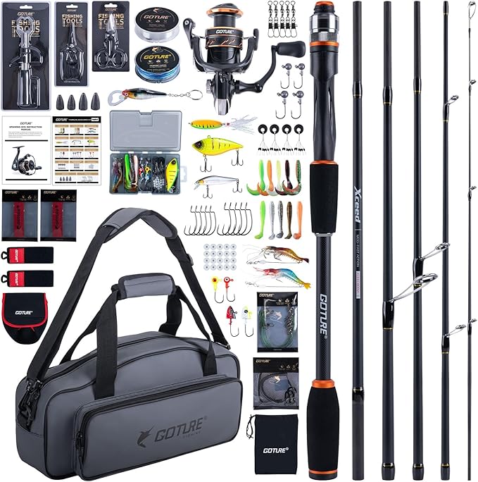 Goture Spinning Fishing Rod & Reel Combo with Carrier Bag,6.6-9FT,Spin Reels, Lures Kit, Pliers, Braided Line, Fish Gripper, Carbon Fiber Freshwater Fishing Rod Full Kit for Starter