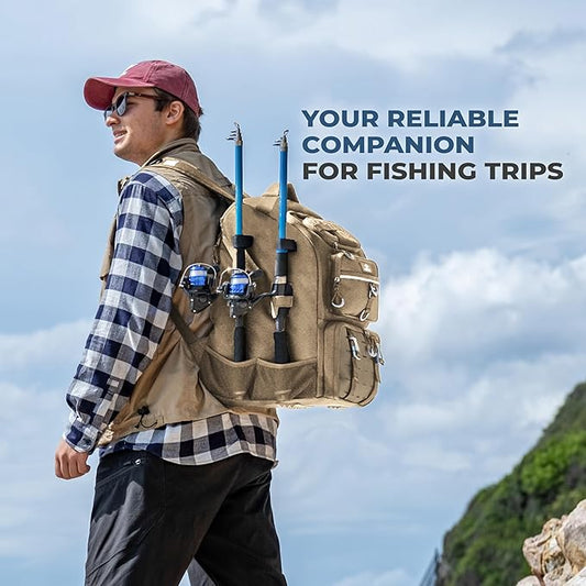 Fishing Backpack with Tackle Boxes and Rod Holders 40L; Plus Rain Cover, Padded Back Support, Insulated Front Pocket for Hot/Cold Lunch, Water Bottle Holder (Force Khaki)