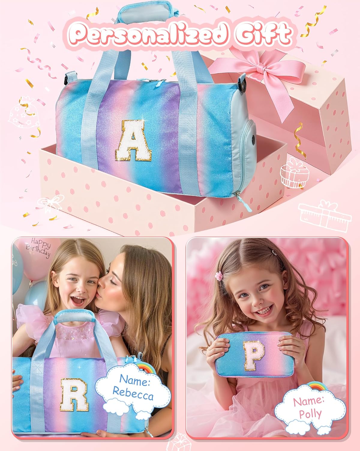 Kindergarten Gift Ideas-Girl Gym Bag with Shoe Compartment, Kid Personalized Weekender Overnight Bags, Initial Travel Tote with Makeup Pouch, Niece Girls Birthday Gift (Letter L)