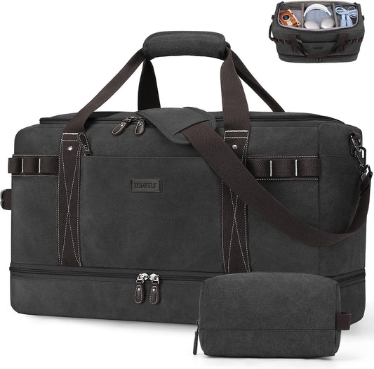 ZOMFELT Travel Duffle Bag for Men, Waterproof Canvas Overnight Duffel Bag with Removable Dividers & Shoe Compartment, Carry On Weekender Gym bag, Multi-Pocket & Vintage Design (Washed Black) - Roamly
