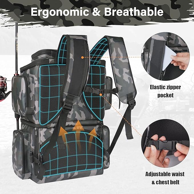 Fishing Tackle Backpack with Cooler Bag, 53L Waterproof Fishing Bag with 2 Rod Holders, Large Fishing Backpacks with Bottle Holder & Coolers, Tackle Storage, Heavy Duty Outdoor Cooler Backpack for Men