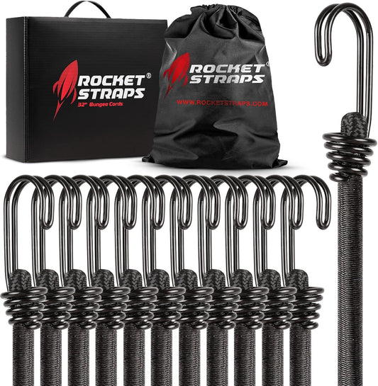 Ultimate Outdoor Bungee Cord Assortment - Heavy Duty Set of 12 Bungee Cords Double-J Hooks - Elastic Straps for Camping, Securing, and DIY (12pc - 32" Double J Hooks)